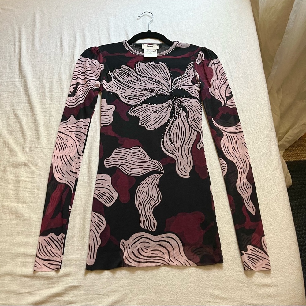 FUZZI JEAN PAUL GAULTIER Black Pink Floral Mesh Knit Top